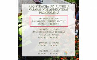 Jau rīt sāksies reģistrācija uz vasaras jauniešu nodarbinātības programmu 15-19 gadīgiem jauniešiem no daudzbērnu ģimenēm! Jau rīt sāksies reģistrācija uz vasaras jauniešu nodarbinātības programmu 15-19 gadīgiem jauniešiem no daudzbērnu ģimenēm!