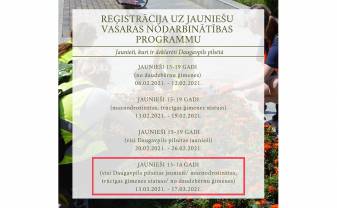 13.martā sāksies reģistrācija jauniešiem (13-14 gadi) uz vasaras nodarbinātības programmu!