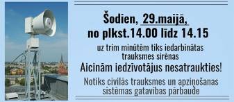 Šodien plkst. 14.00 notiks trauksmes sirēnu pārbaude Šodien plkst. 14.00 notiks trauksmes sirēnu pārbaude